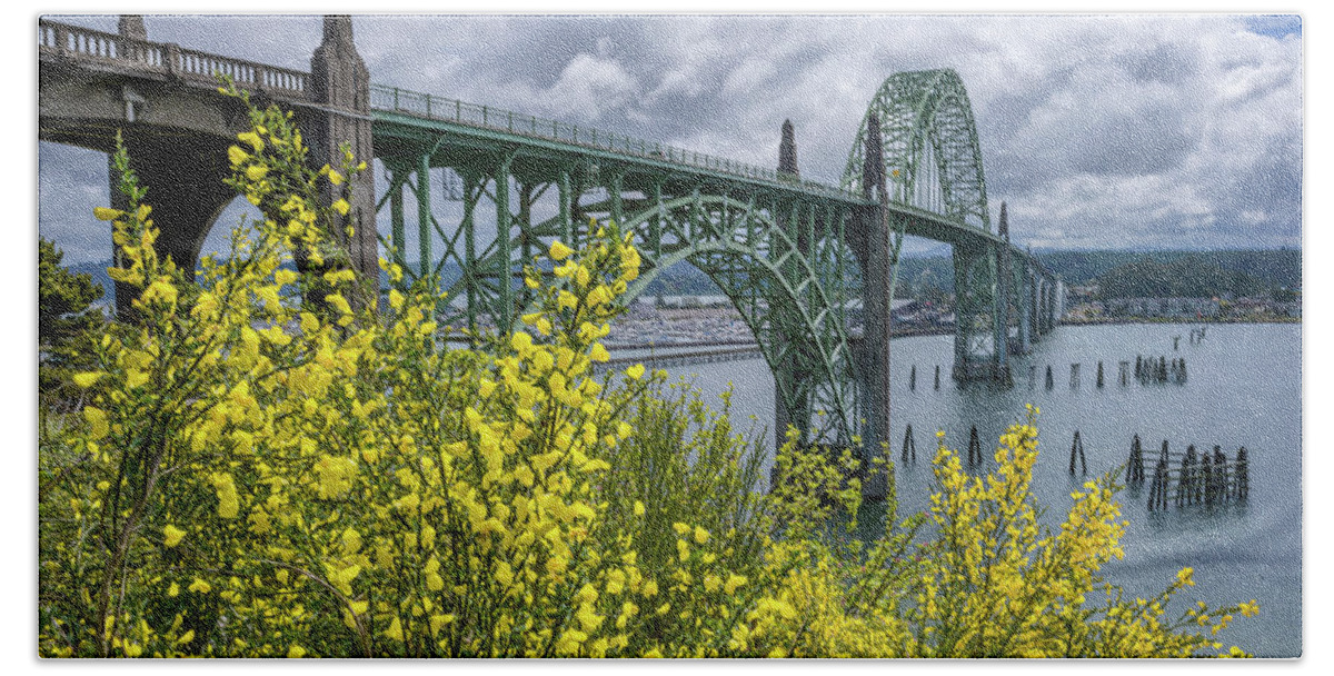 Newport Beach Towel featuring the photograph Yaquina Bay Bridge Scotch Broom Blooms by Darren White