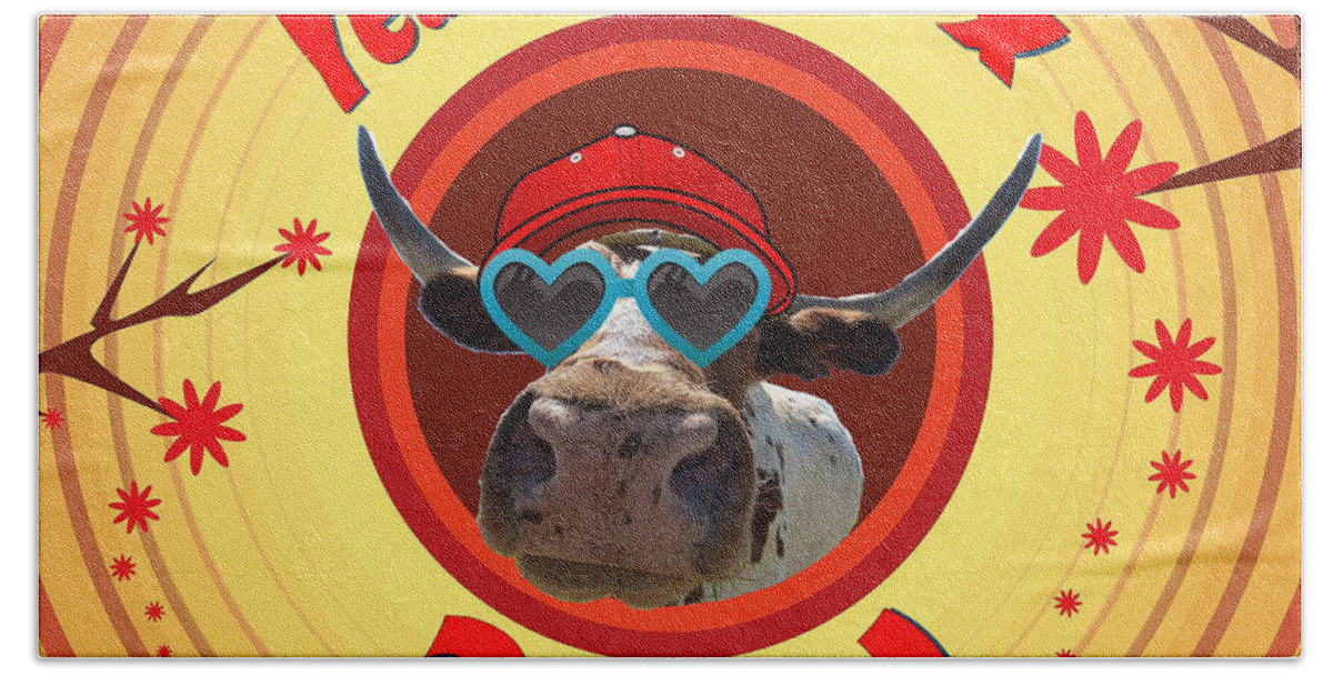 Ox Beach Towel featuring the digital art Year of the Ox with Red Hat and Heart Shaped Sunglasses by Ali Baucom