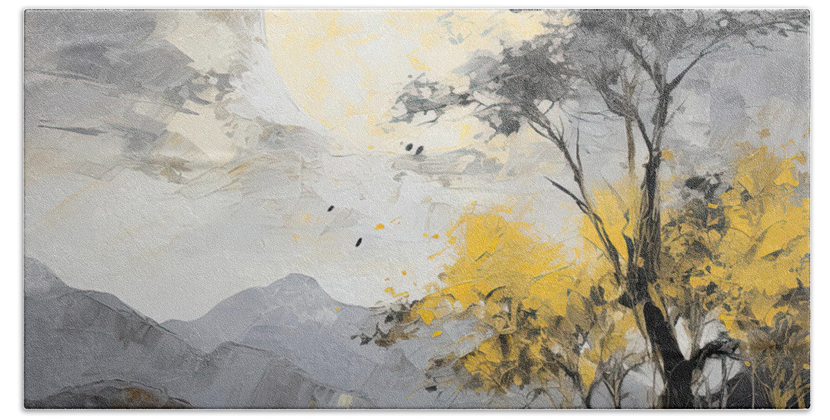 Yellow Beach Sheet featuring the painting Yellow and Gray - Modern Impressionist Landscape Color Palette by Lourry Legarde
