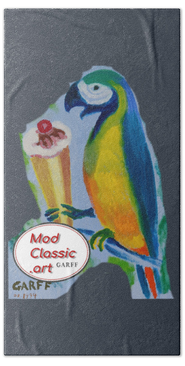Parrot Beach Towel featuring the painting Yellow Ara with Ice Cream ModClassic Art by Enrico Garff