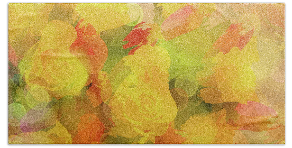 Botanical Beach Towel featuring the mixed media Yellow Floral Abstract with Bokeh by Shelli Fitzpatrick