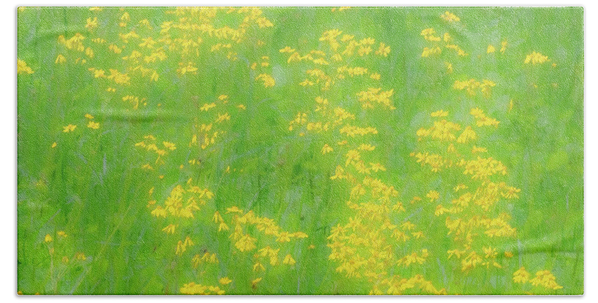 Mountains Beach Towel featuring the photograph Yellow Flowers Green Grass fx 503 by Dan Carmichael