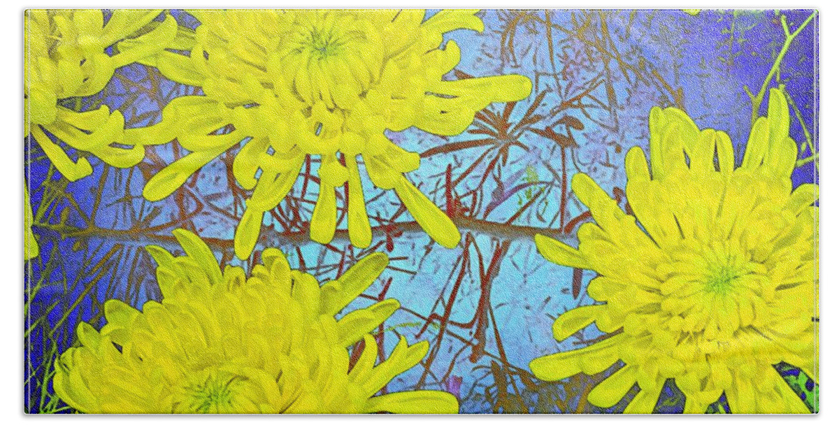 Yellow Flowers Blue Beach Towel featuring the digital art Yellow flowers by Kathleen Boyles