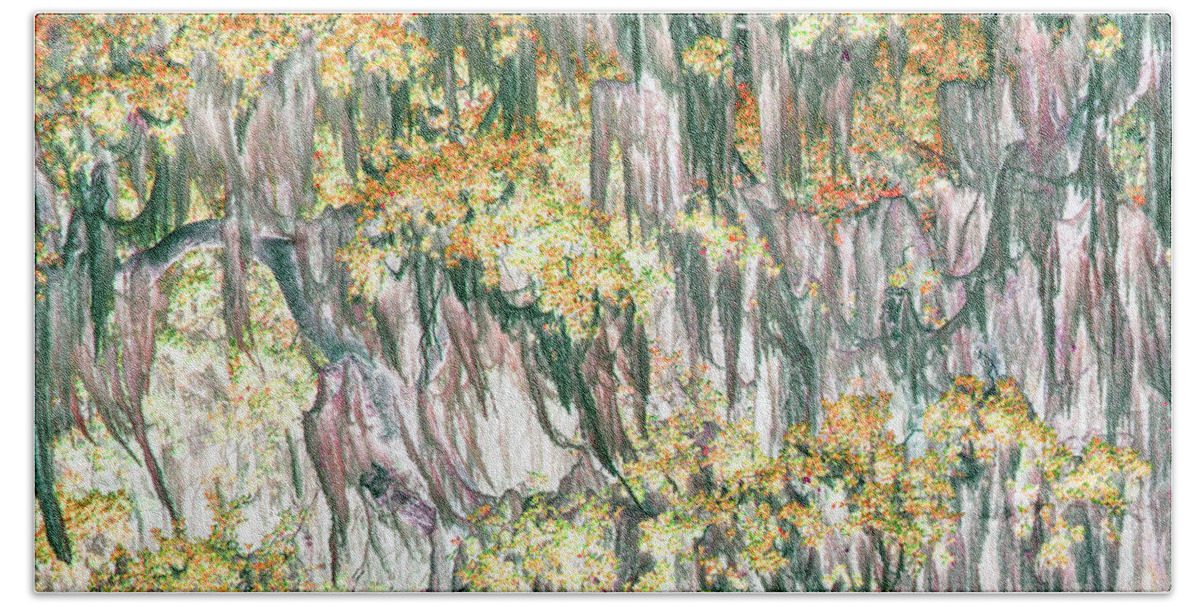 Trees Beach Towel featuring the photograph Yellow Moss by Missy Joy