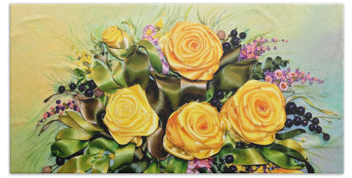 Wall Art Flowers Art Yellow Roses Red Berry Red Cherries Art Yellow Flowers Wall Décor Mixed Media Oil Painting & Ribbon Embroidery On Canvas Beach Towel featuring the mixed media Yellow Roses by Tanya Harr