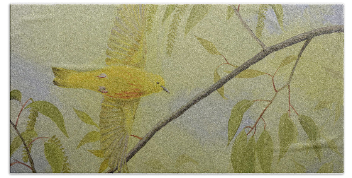 Warbler Beach Towel featuring the painting Yellow Warbler by Charles Owens