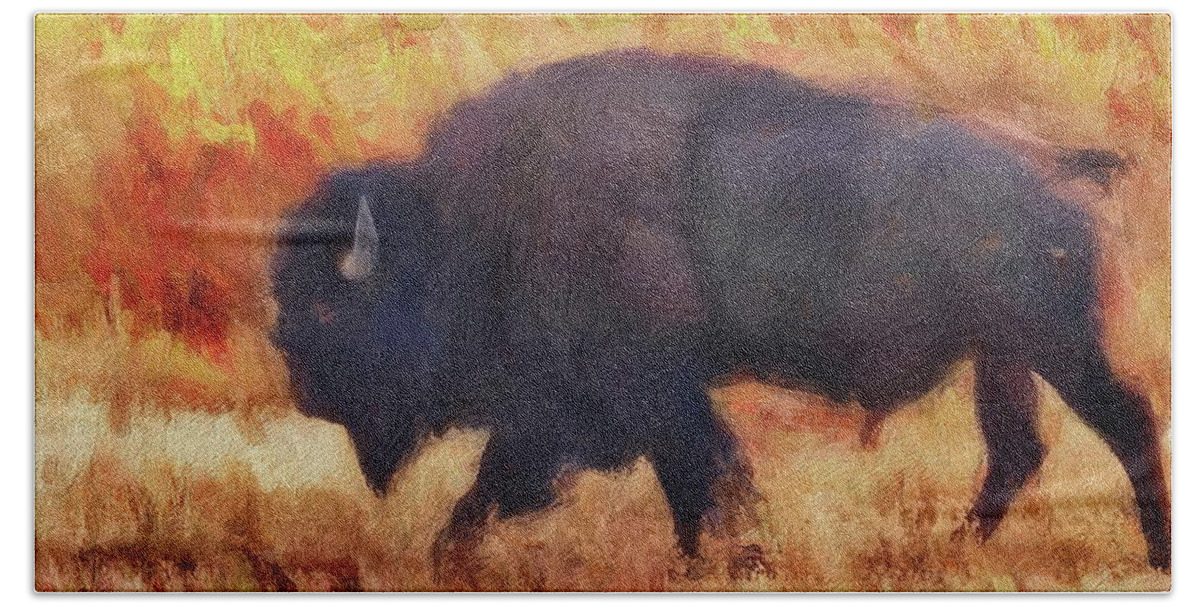 Buffalo Beach Towel featuring the digital art Yellowstone Bison - Prehistoric by Russ Harris