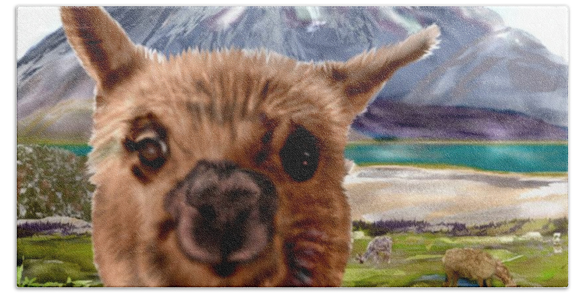 Yogi Alpaca Mountains Alpacas Close Up Beach Towel featuring the mixed media Yogi by Pamela Calhoun