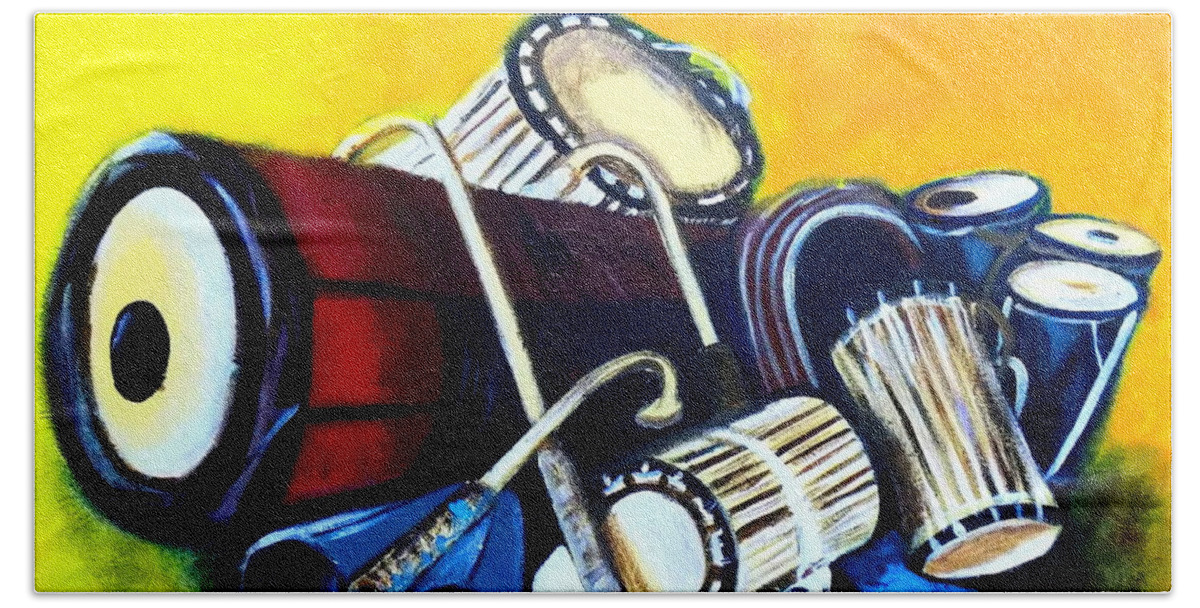 Living Room Beach Towel featuring the painting Yoruba Traditional Musical Instrument by Olaoluwa Smith