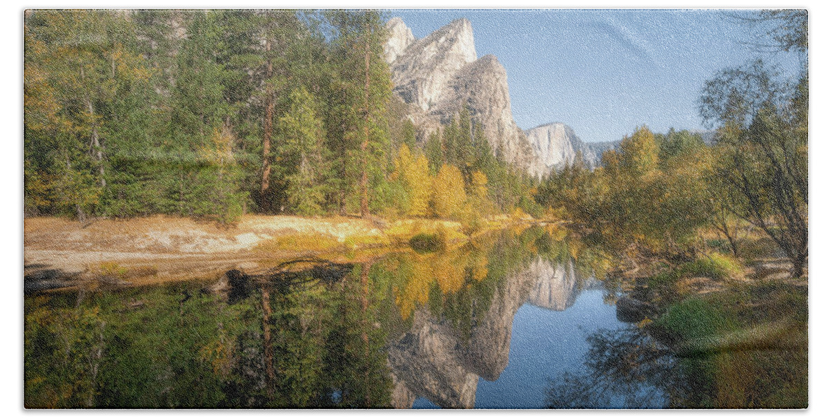 Landscape Beach Towel featuring the photograph Yosemite Three Brothers by Laura Macky