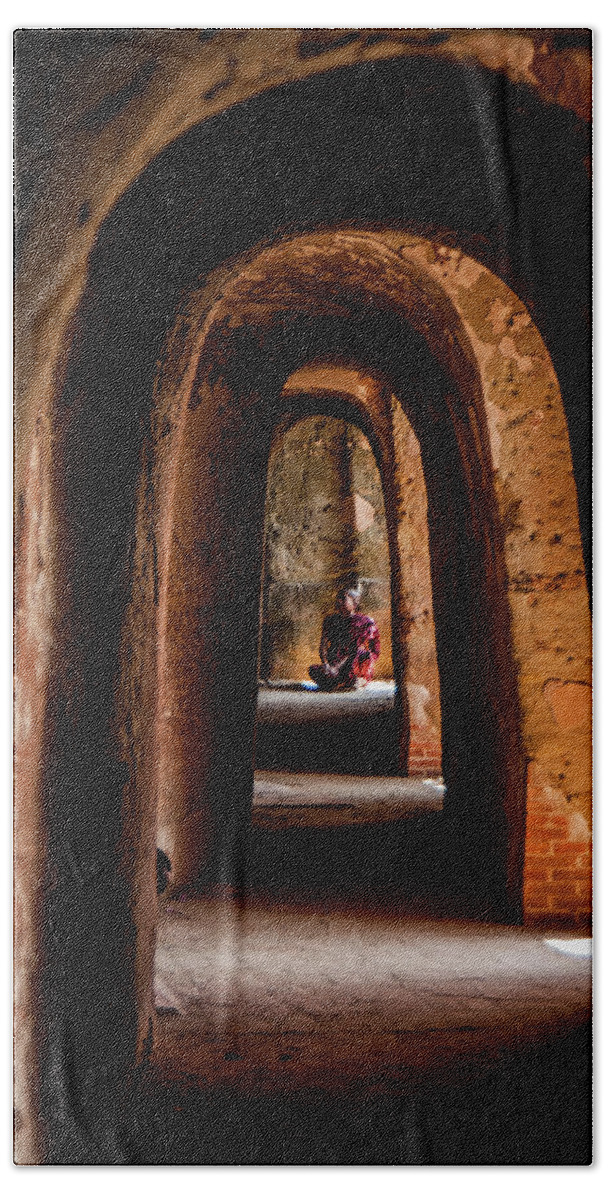 Buddhist Beach Towel featuring the photograph Young Buddhist Monk Praying by Arj Munoz