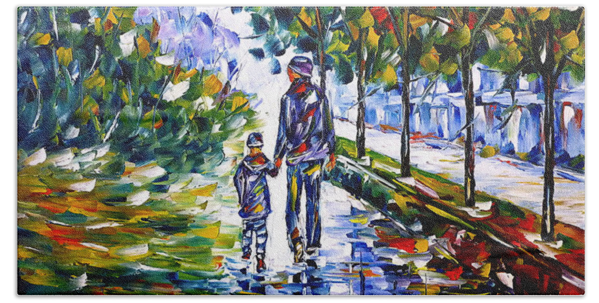 Autumn Walk Beach Towel featuring the painting Young Father With Son by Mirek Kuzniar
