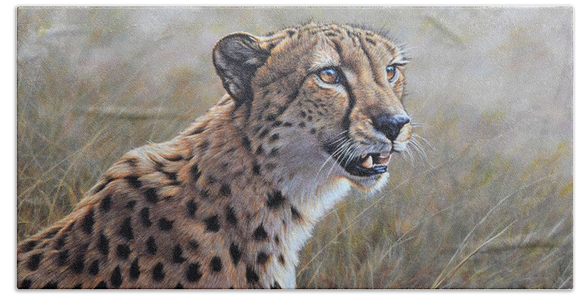 Cheetah Beach Towel featuring the painting Young Male Cheetah by Alan M Hunt