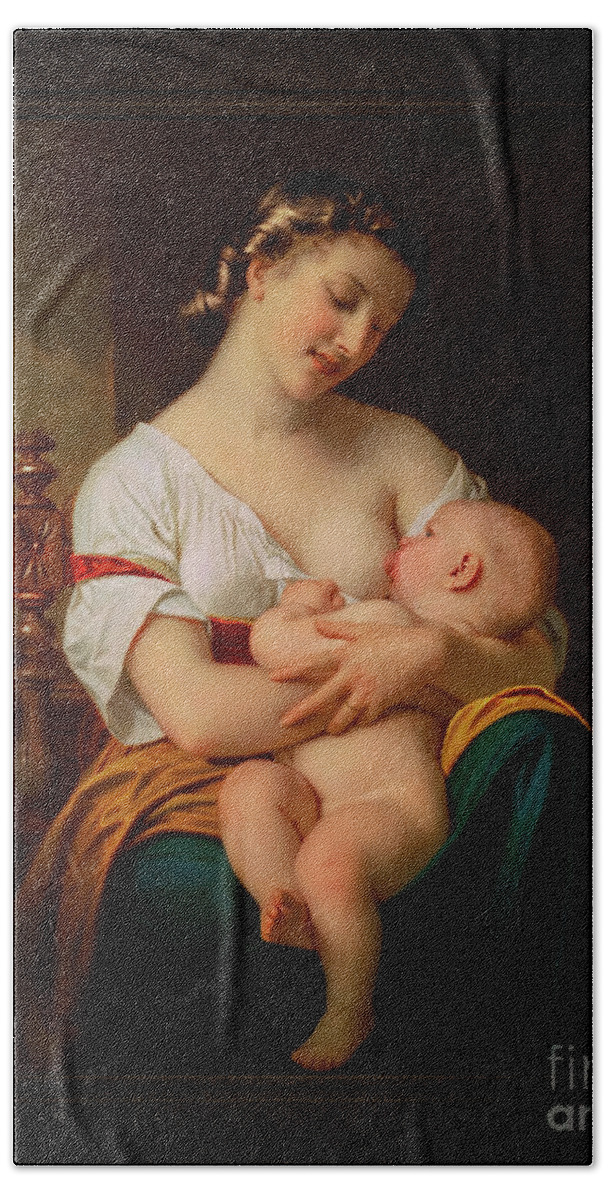 Young Mother Nursing Her Baby Beach Towel featuring the painting Young Mother Nursing Her Baby by Hugues Merle Remastered Xzendor7 Fine Art Old Masters Reproductions by Rolando Burbon