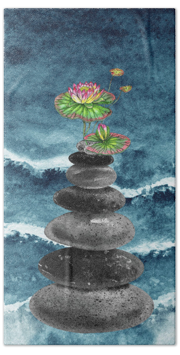 Zen Rocks Beach Towel featuring the painting Zen Rocks Cairn Meditative Tower And Lotus Flower Watercolor by Irina Sztukowski
