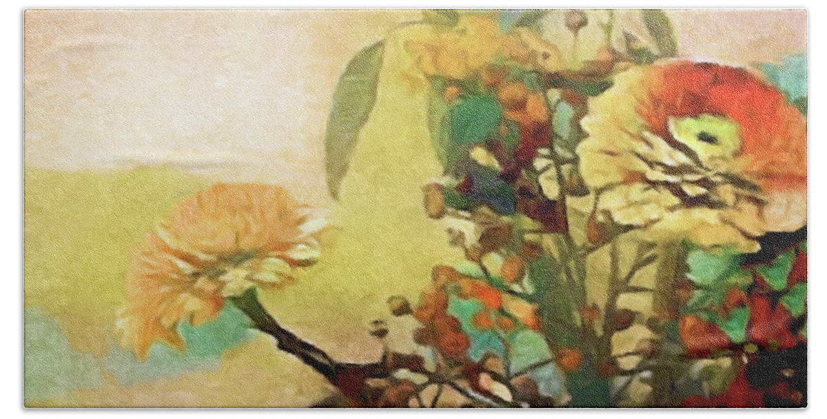 Zinnia Beach Towel featuring the painting Zinnias from the Garden by Susan Maxwell Schmidt