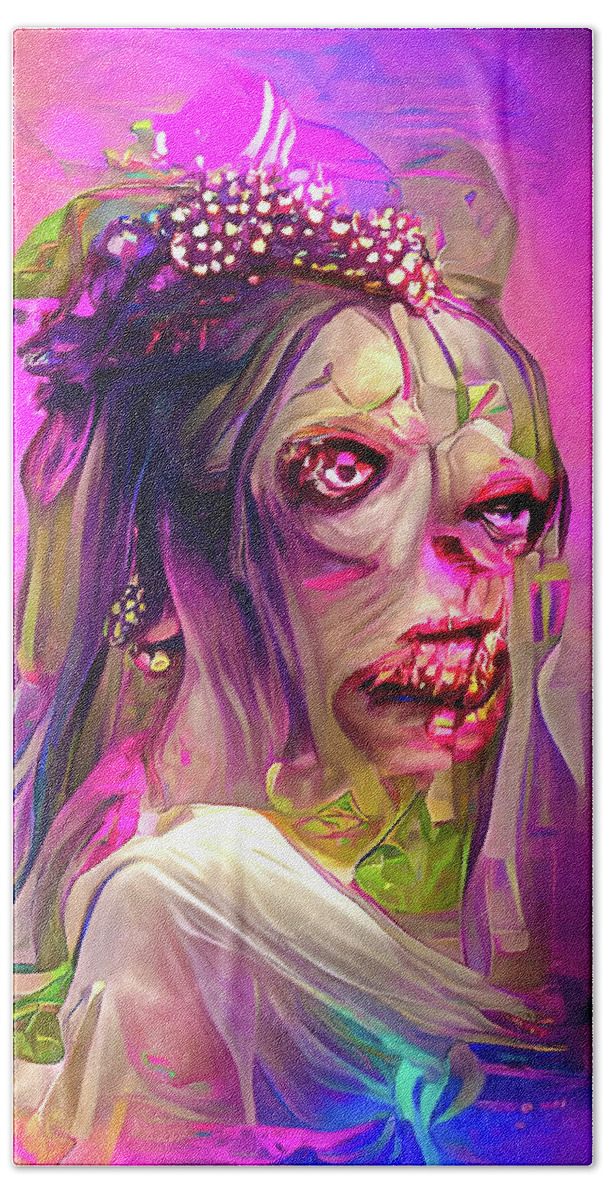 Zombie Beach Towel featuring the digital art Zombie Bride 01 Colorful and Trippy by Matthias Hauser