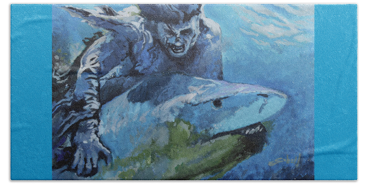 Shark Beach Towel featuring the painting Zombie vs Shark by Sv Bell
