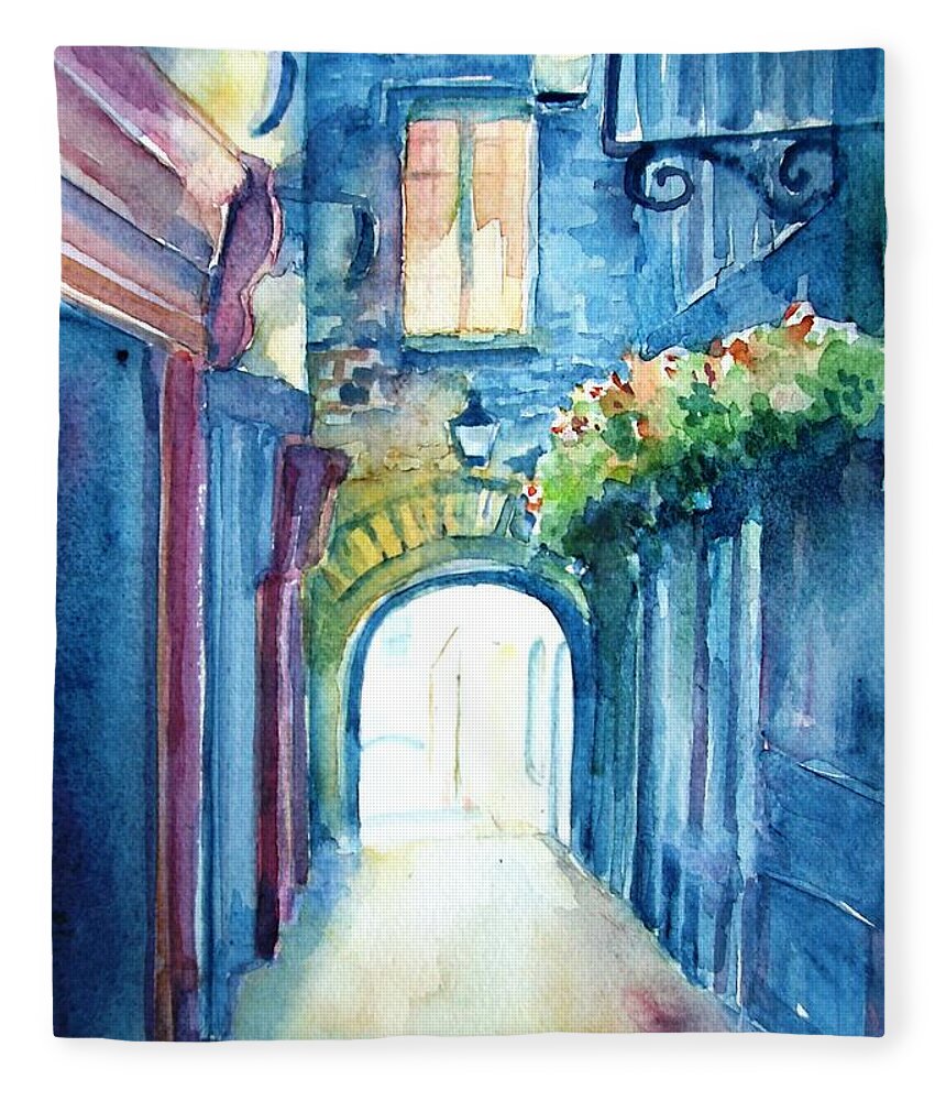 Watercolour Fleece Blanket featuring the painting The Butter Slip Medieval Archway Kilkenny City by Trudi Doyle