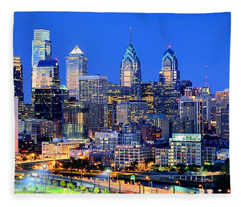 Philadelphia Skyline Fleece Blanket featuring the photograph Philadelphia Skyline at Night Evening Panorama by Jon Holiday