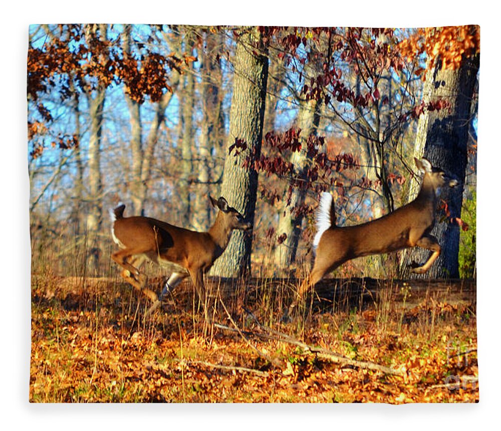 Landscape Fleece Blanket featuring the photograph White Tail Deer Leaping by Peggy Franz