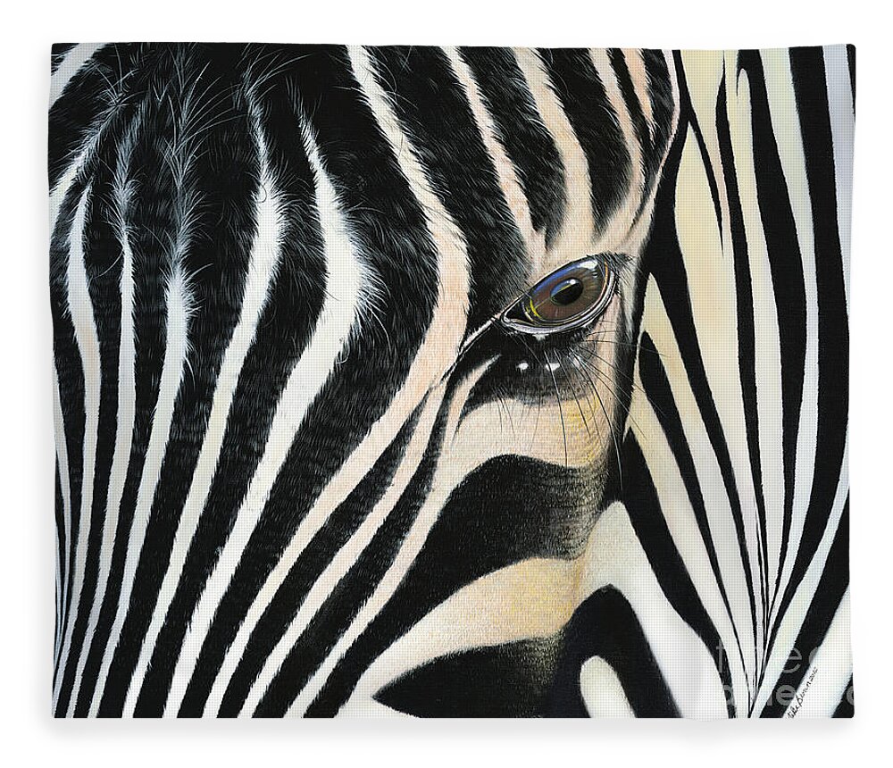 Zebra Paintings Fleece Blanket featuring the painting A Moment's Reflection by Mike Brown