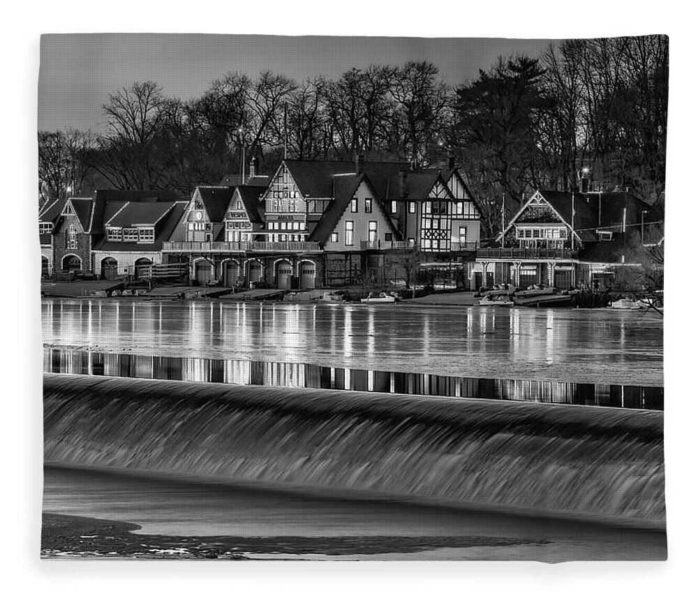 Boat House Row Fleece Blanket featuring the photograph Boathouse Row BW by Susan Candelario