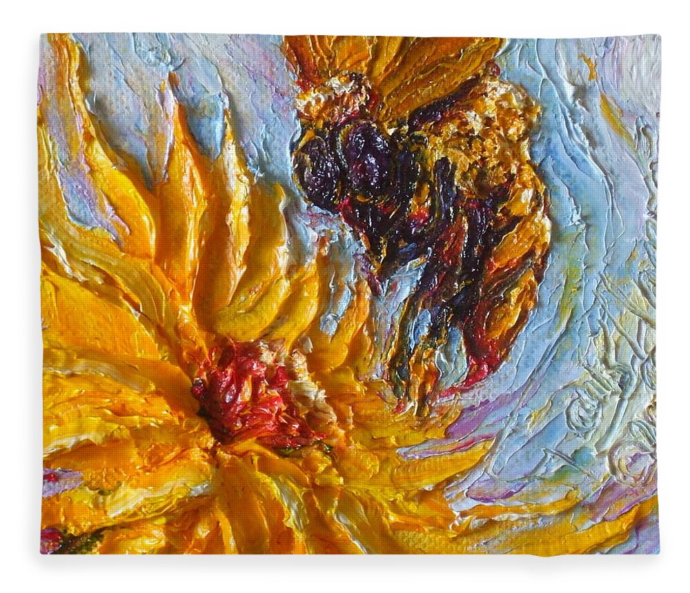 Bumble Bee Fleece Blanket featuring the painting Bumble Bee and Yellow Flower by Paris Wyatt Llanso