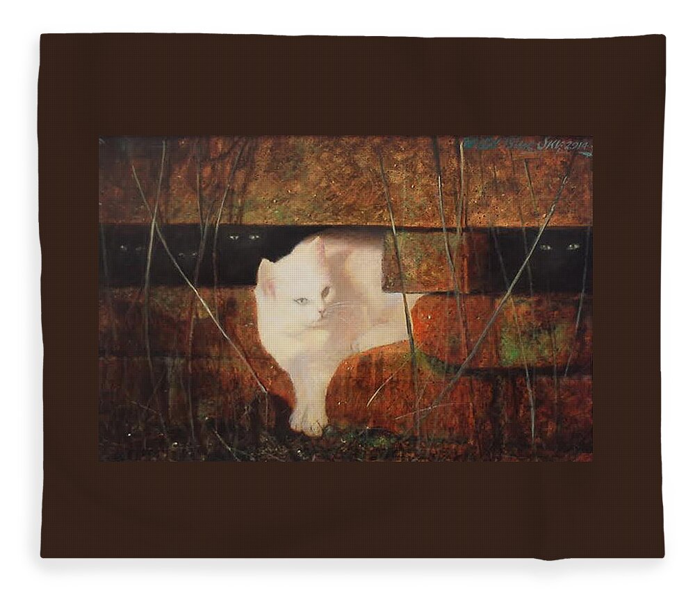 Cat Fleece Blanket featuring the painting Castaway Cats by Blue Sky
