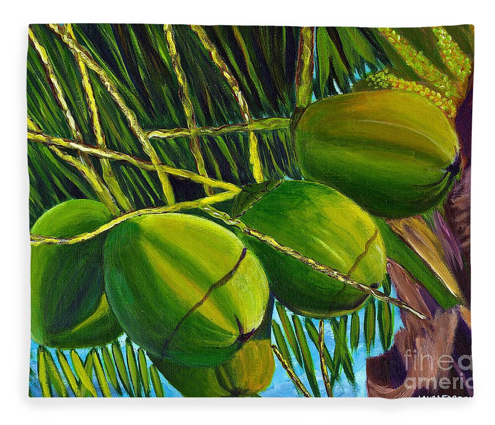 Coconuts Fleece Blanket featuring the painting Coconuts at sunset by Laura Forde