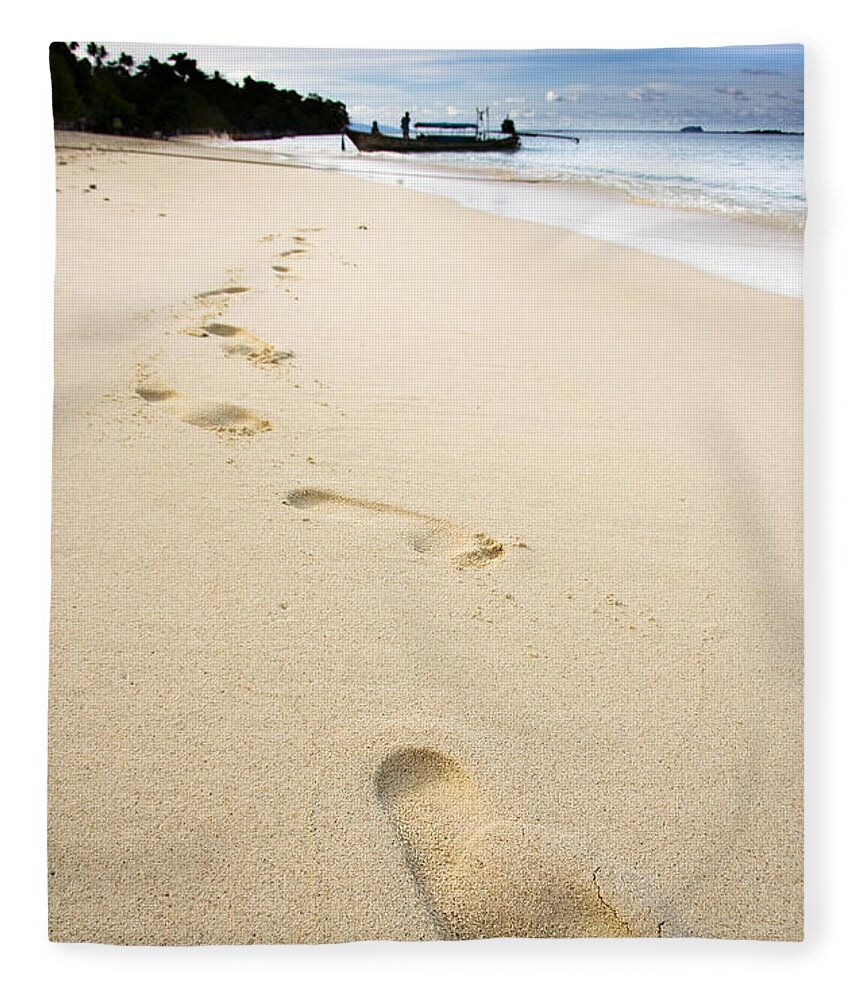Beach Fleece Blanket featuring the photograph Footprints On Tropical Beach #1 by Jorgo Photography