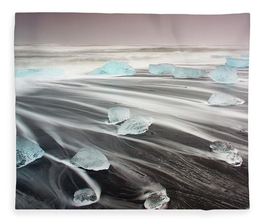Melting Fleece Blanket featuring the photograph Icebergs On Volcanic Beach, Iceland #1 by Travelpix Ltd