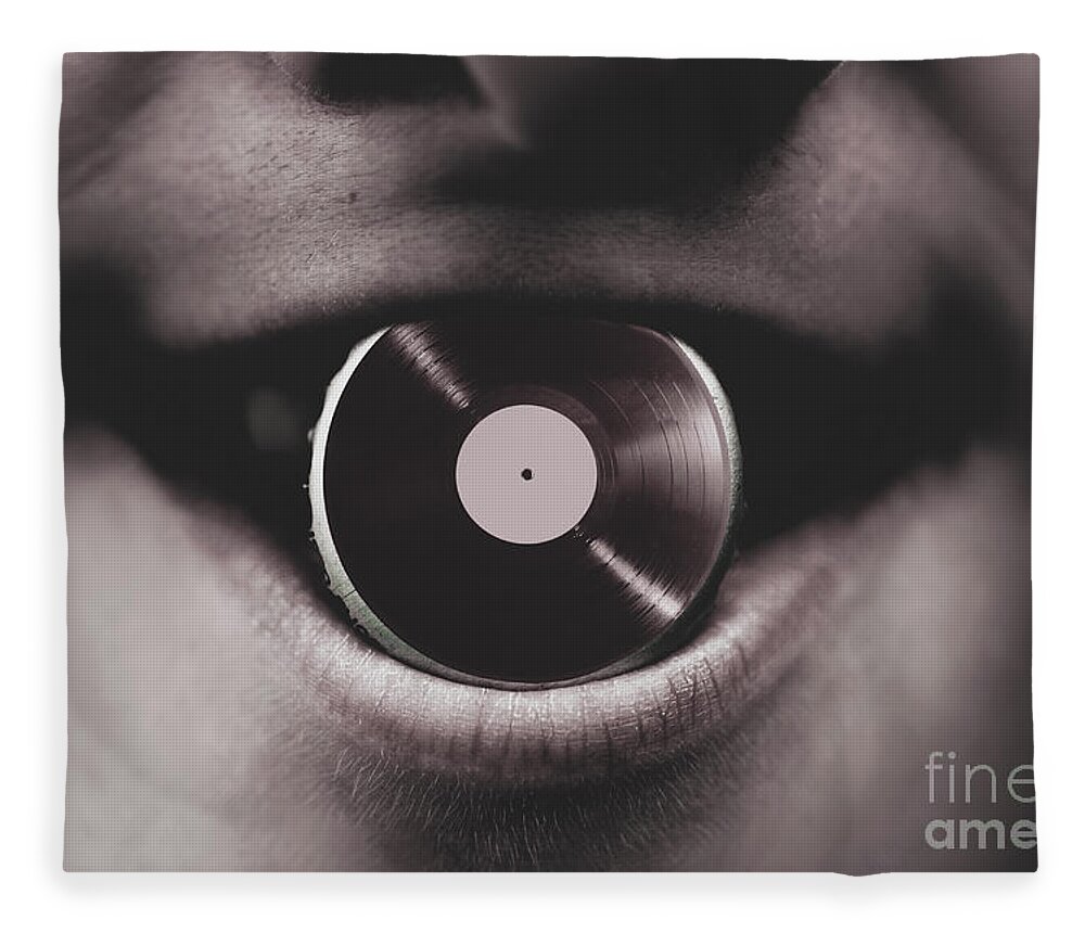 Music Fleece Blanket featuring the photograph Jukebox DJ holding vinyl soda bottle lid in mouth #1 by Jorgo Photography