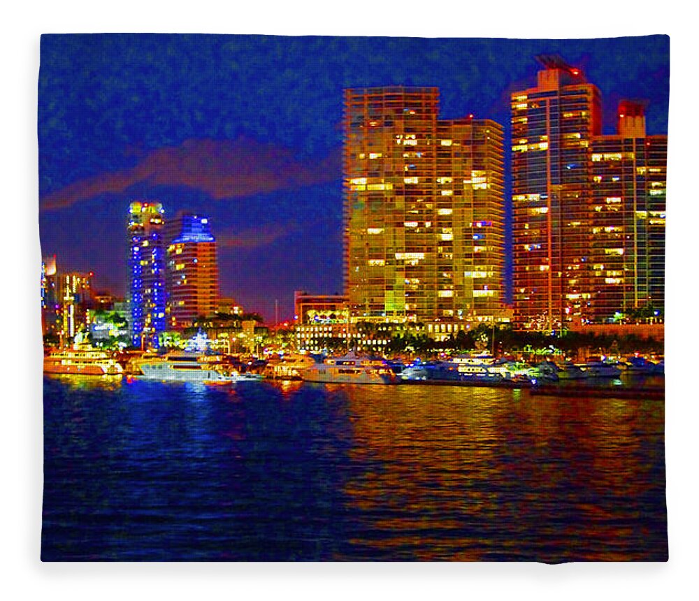 Night Photography Fleece Blanket featuring the photograph Miami Waterfront at Night 1 by CHAZ Daugherty