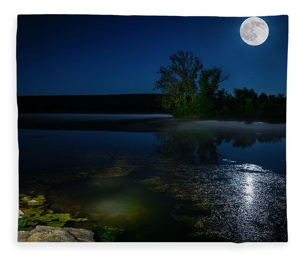 Night Fleece Blanket featuring the photograph Moon over lake #2 by Alexey Stiop