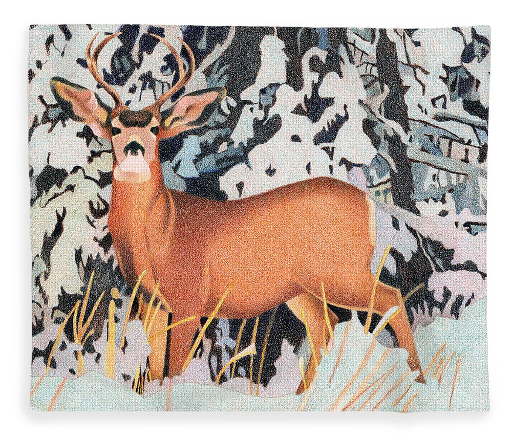 Art Fleece Blanket featuring the drawing Mule Deer #2 by Dan Miller