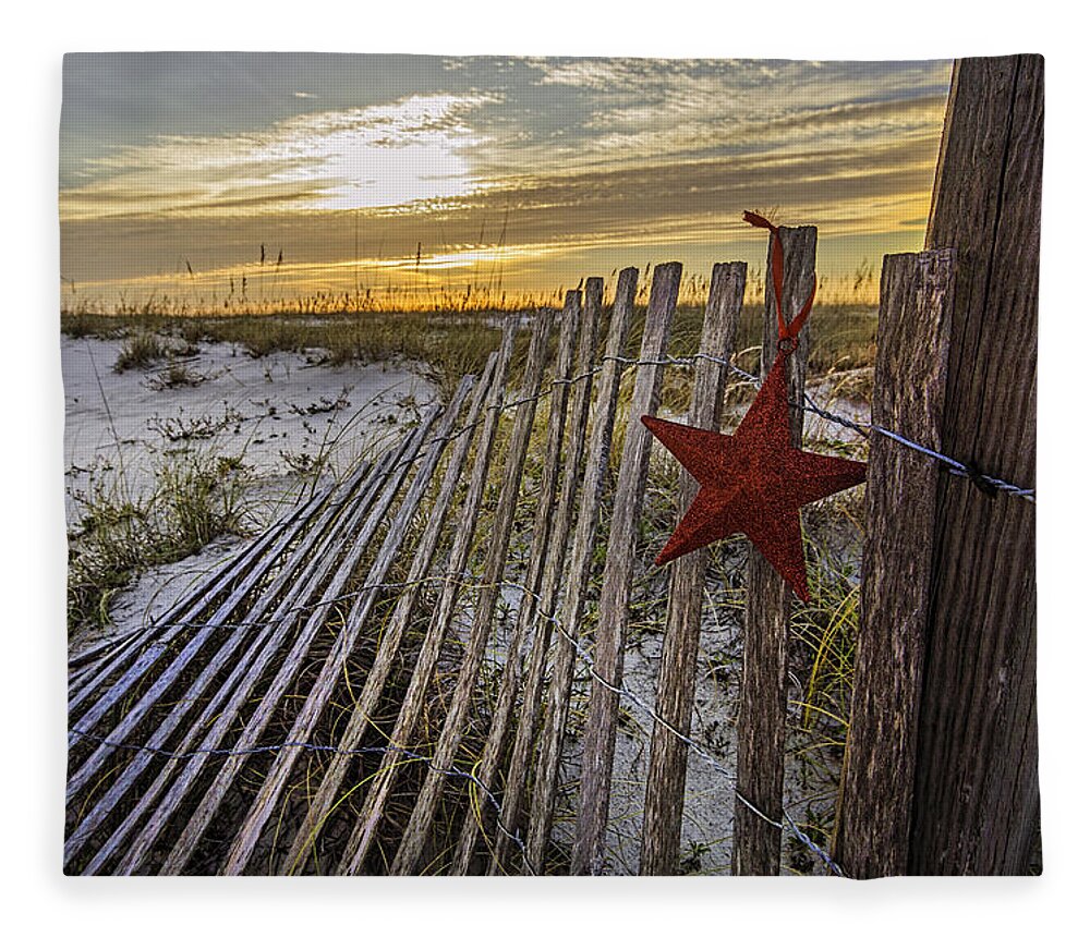 Christmas Fleece Blanket featuring the digital art Red Star on Fence #1 by Michael Thomas
