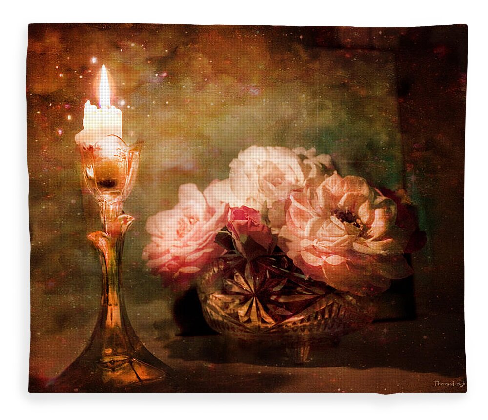 Vintage Still Life Fleece Blanket featuring the photograph Roses By Candlelight by Theresa Tahara