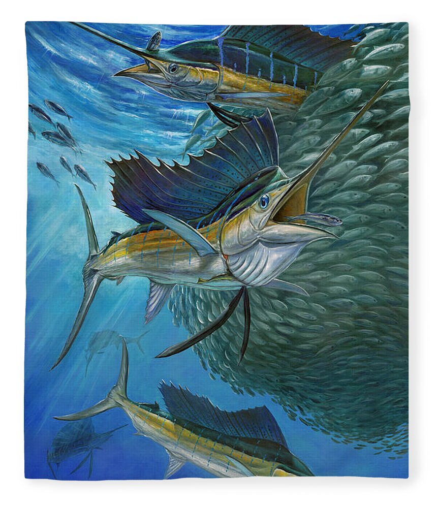 Sailfish Fleece Blanket featuring the painting Sailfish With A Ball Of Bait by Terry Fox