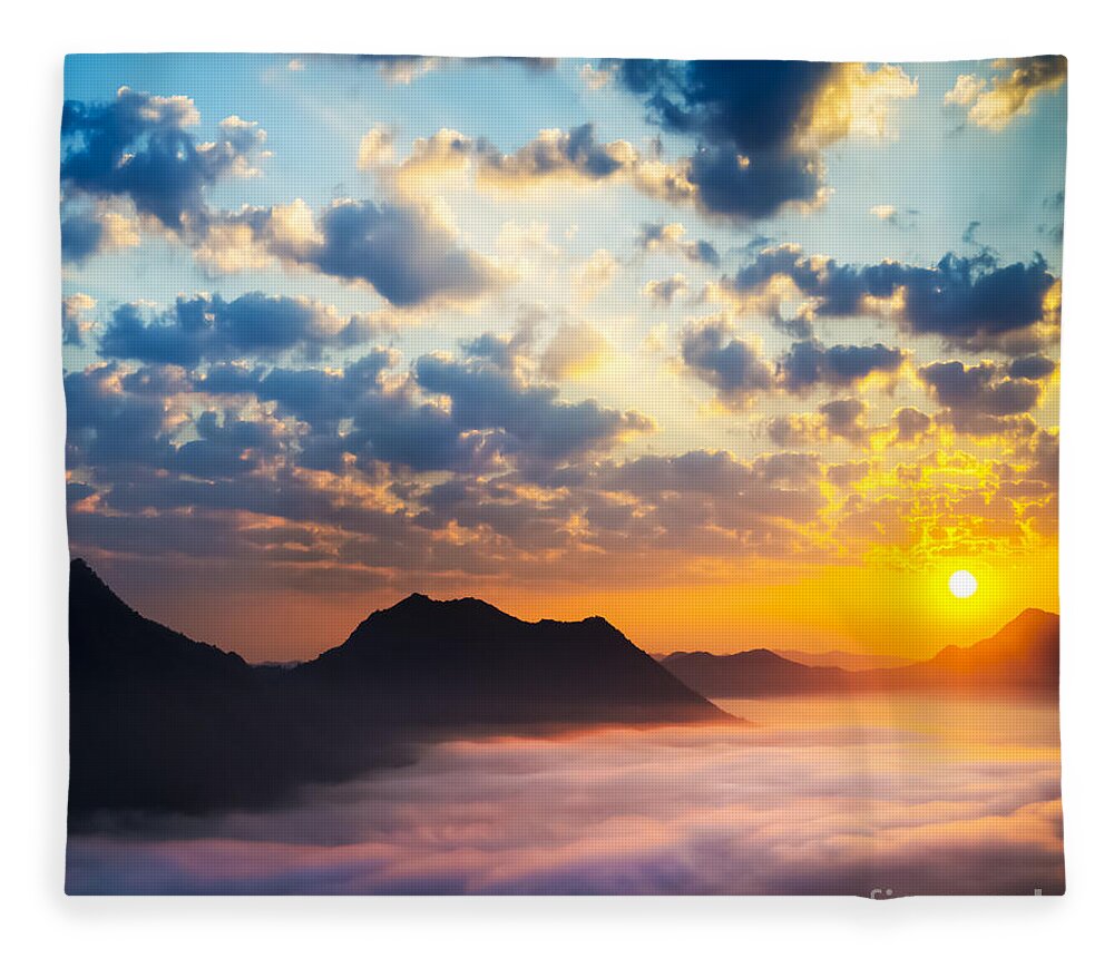 Thailand Fleece Blanket featuring the photograph Sea of clouds on sunrise with ray lighting #1 by Setsiri Silapasuwanchai