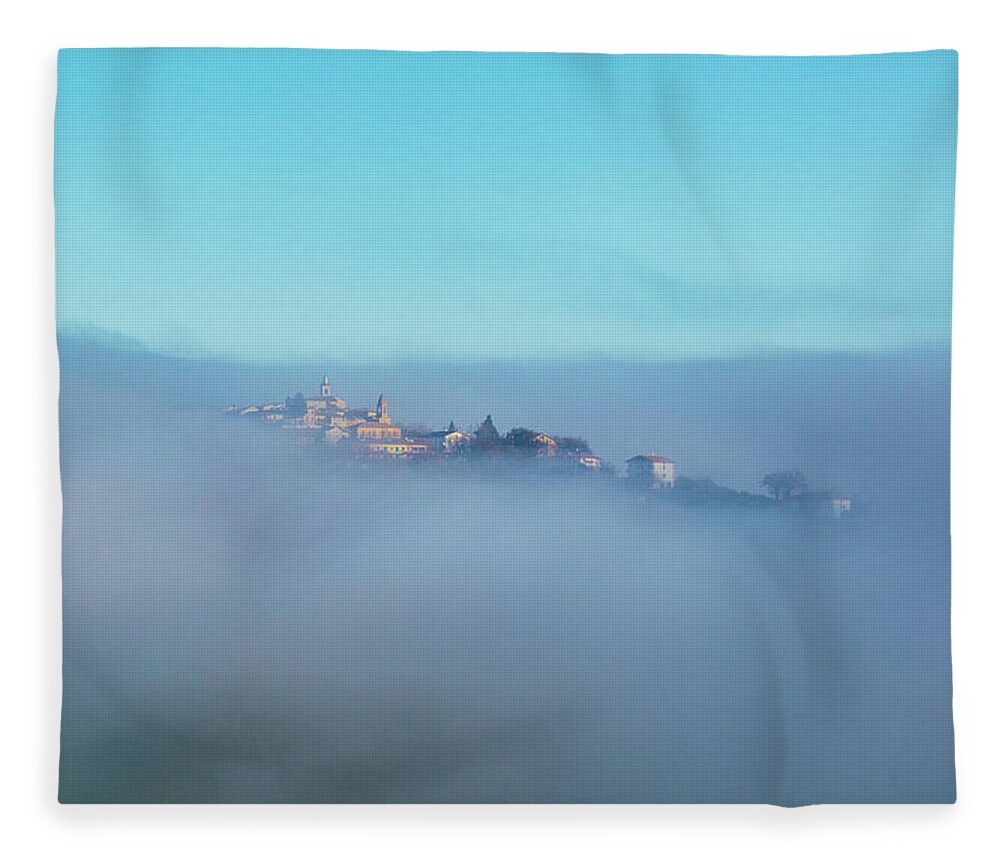 Scenics Fleece Blanket featuring the photograph Small Italian Village In The Fog #1 by Deimagine