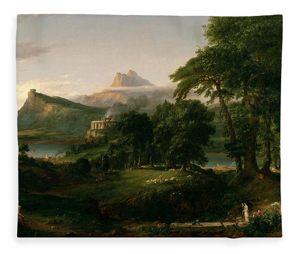Hudson River School Fleece Blanket featuring the painting The Course of Empire The Arcadian or Pastoral State by Thomas Cole