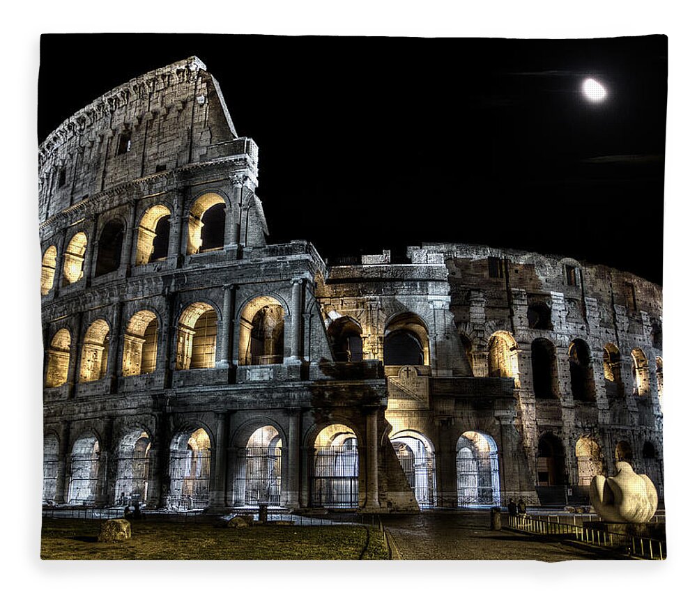 Colosseum Fleece Blanket featuring the photograph The Moon above the Colosseum No2 by Weston Westmoreland