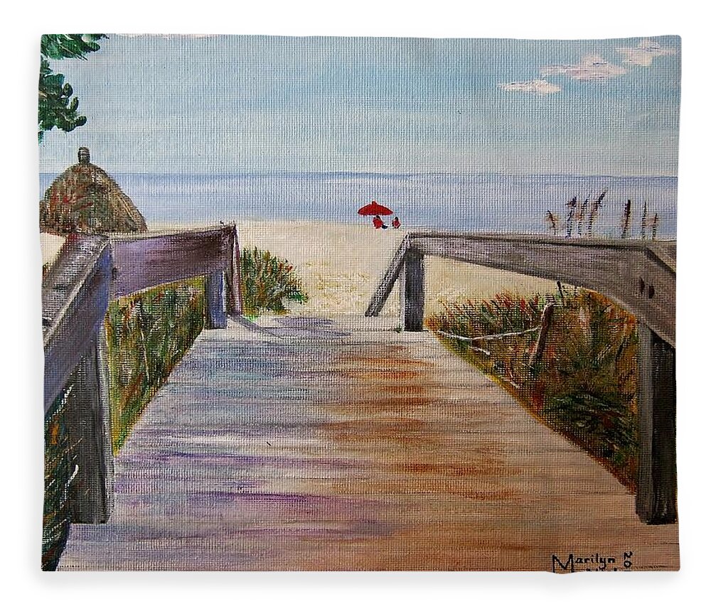 Walkway Fleece Blanket featuring the painting To the beach by Marilyn McNish