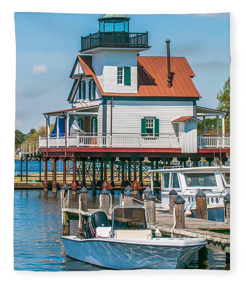 Alarm Fleece Blanket featuring the photograph Town Of Edenton Roanoke River Lighthouse In Nc #1 by Alex Grichenko