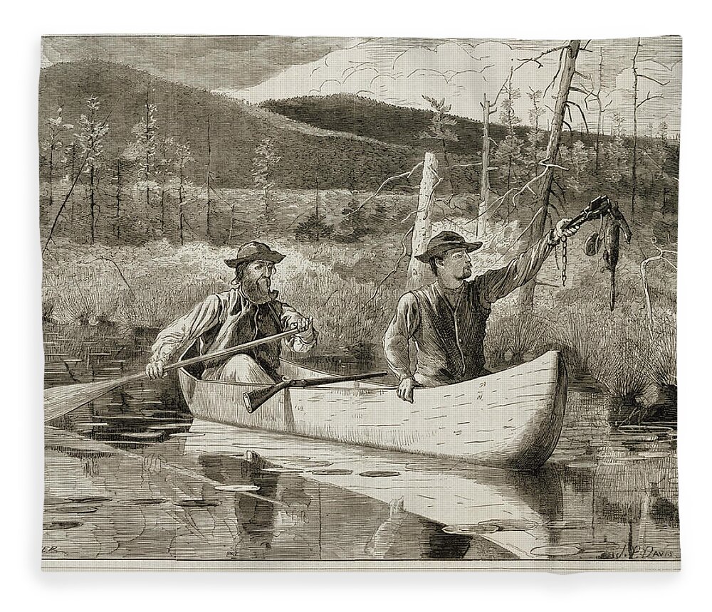 Winslow Homer Fleece Blanket featuring the painting Trapping in the Adirondacks #1 by Winslow Homer