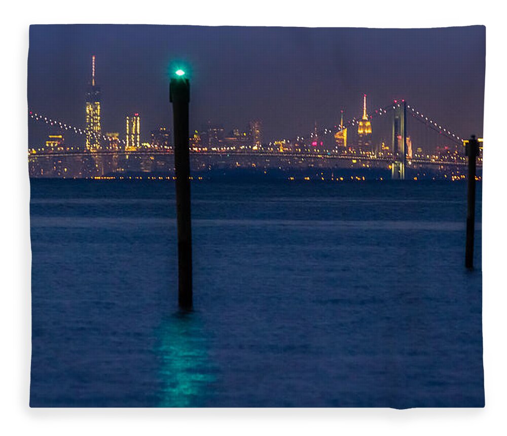 Bayshore Waterfront Fleece Blanket featuring the photograph Verrazano-Narrows bridge and NYC skyline from Port Monmouth #1 by SAURAVphoto Online Store