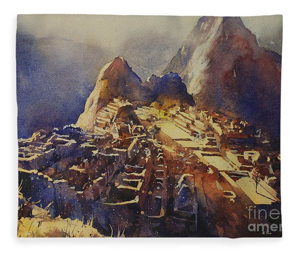 Machu Picchu Fleece Blanket featuring the painting Watercolor painting Machu Picchu Peru by Ryan Fox