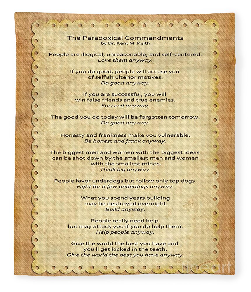 The Paradoxical Commandments Fleece Blanket featuring the photograph 159- The Paradoxical Commandments by Joseph Keane