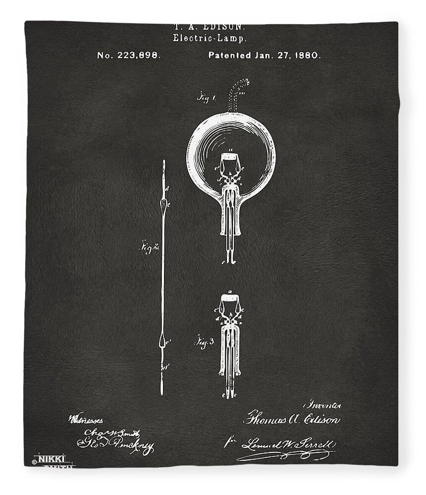 Edison Fleece Blanket featuring the digital art 1880 Edison Electric Lamp Patent Artwork - Gray by Nikki Marie Smith